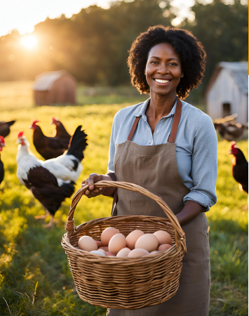 Une femme tient un panier d'œufs devant des poules.