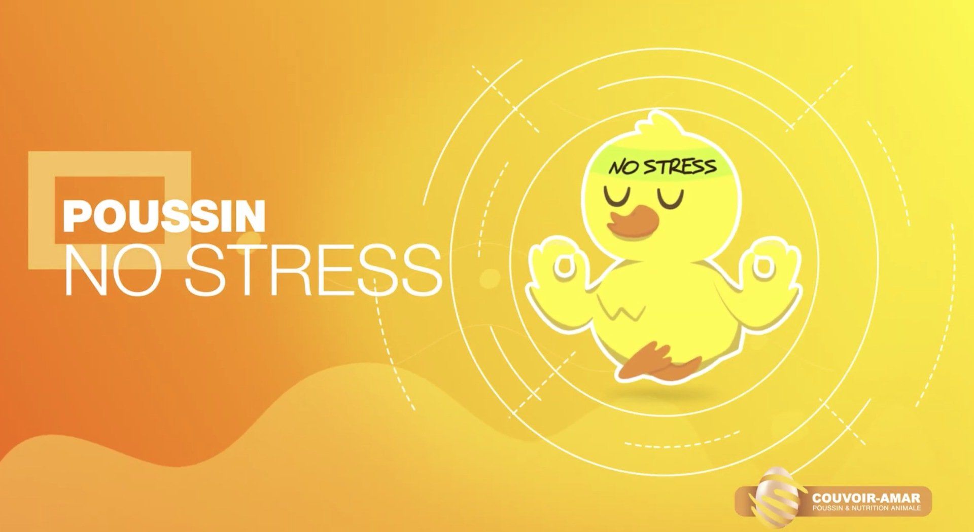 Un canard jaune avec les mots « poussin no stress » écrit dessus.