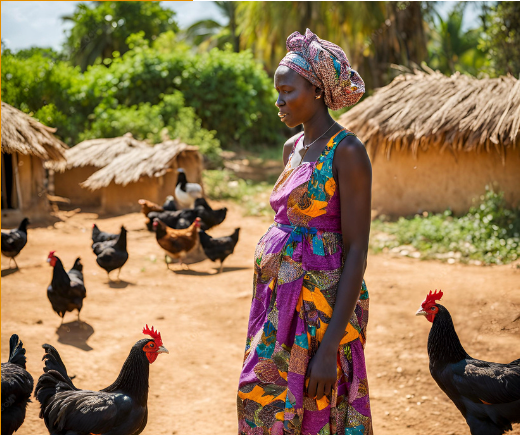 Une femme en robe violette se tient devant des poulets