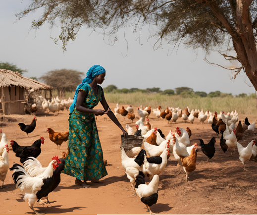 Une femme en robe verte nourrit des poulets