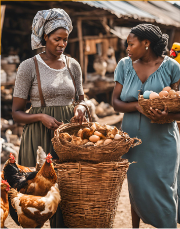 Deux femmes se tiennent l'une à côté de l'autre, tenant des paniers d'œufs et de pommes de terre.