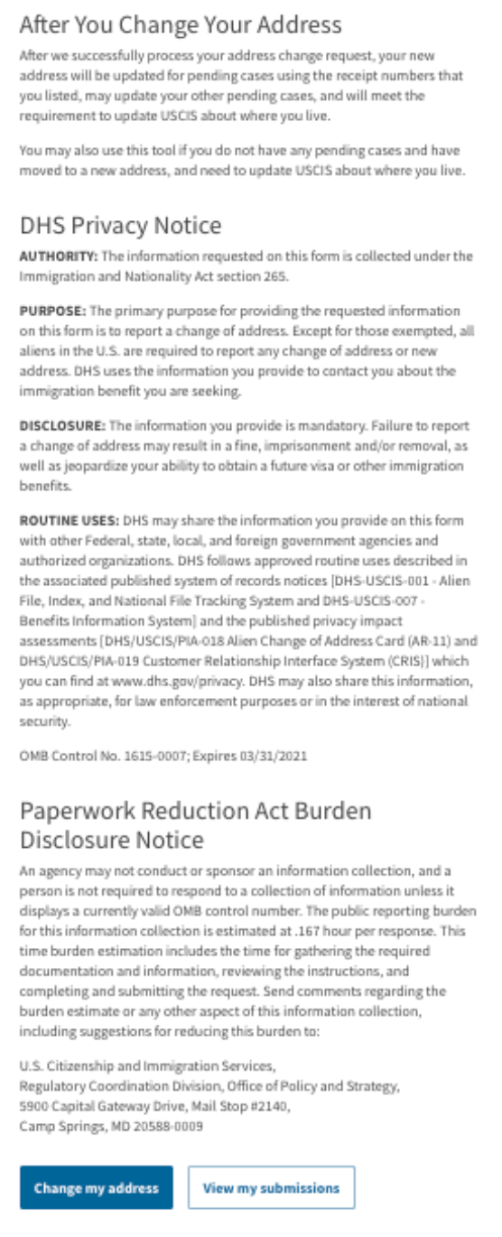 Text about changing address, DHS privacy notice, and paperwork reduction act burden.