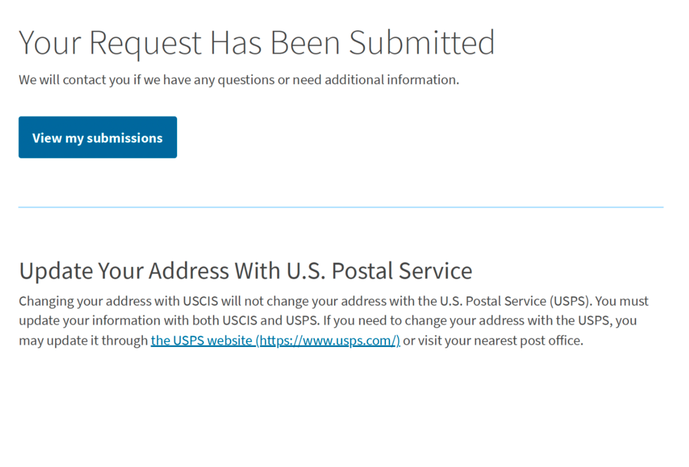 Confirmation message stating request submitted, with a