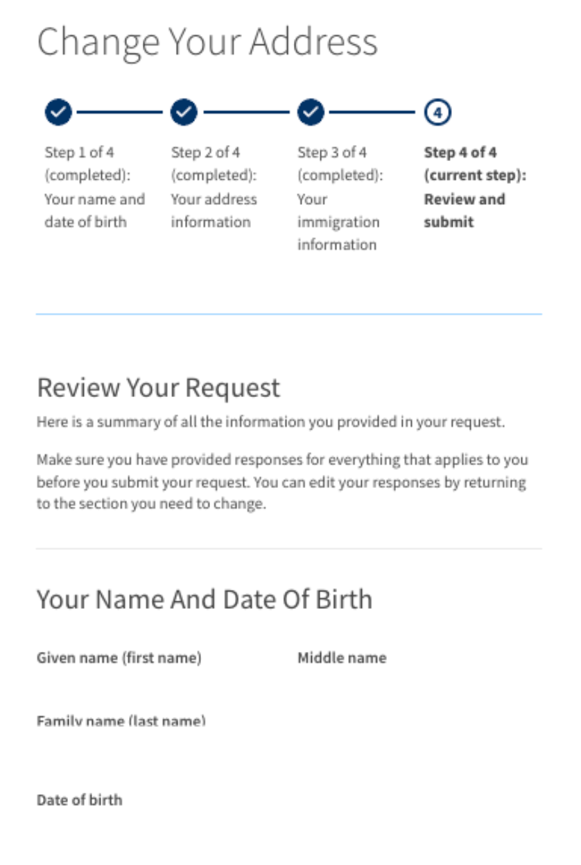A webpage for changing an address. It's a 4-step process. This step is