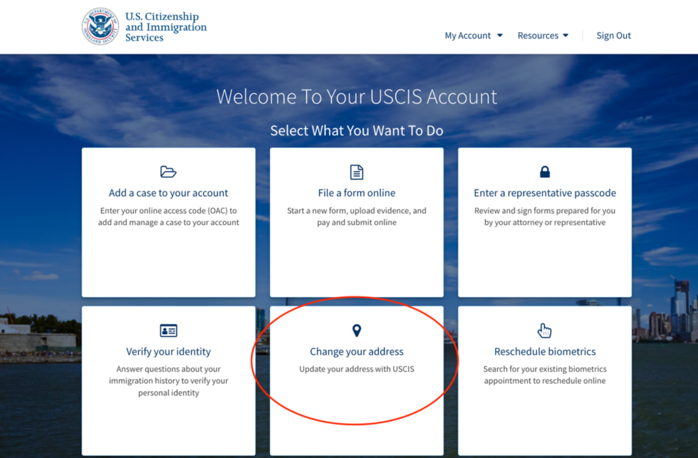 USCIS account dashboard, with