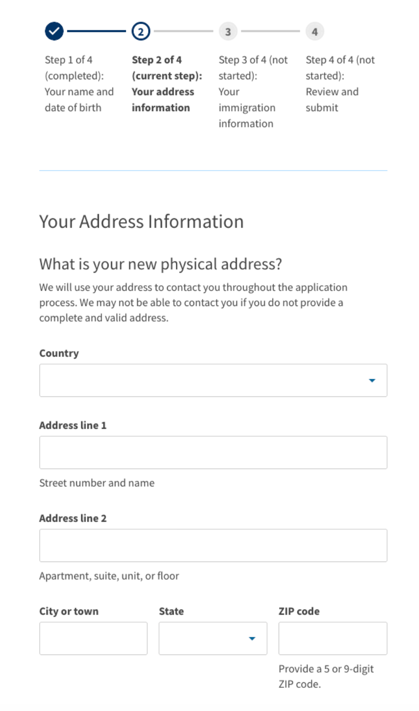 Address information form with fields for country, address, city, state, and ZIP code.