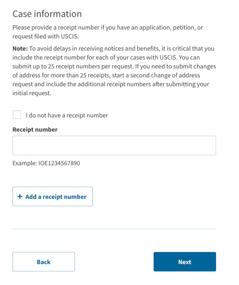 Form asking for a USCIS receipt number; includes an example and a button to add more.