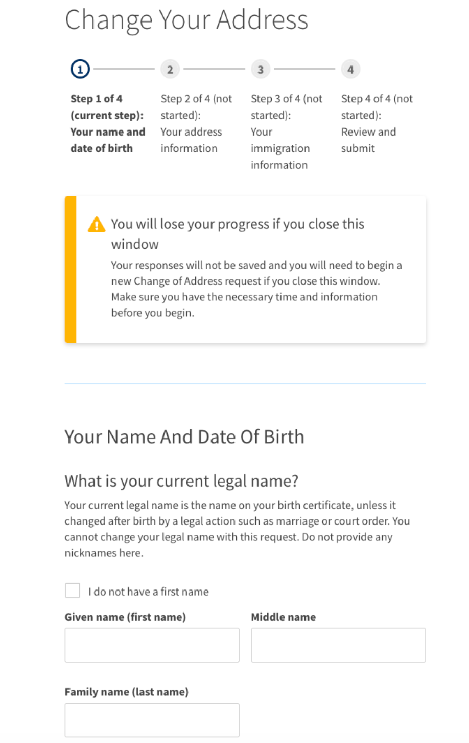 Webpage form to change address, asking for name and date of birth. Has warning about losing progress.