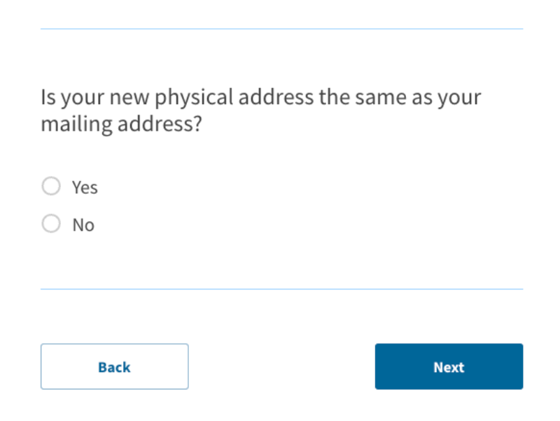 A form asking if the new physical address is the same as the mailing address with