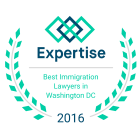 Expertise award: Best Immigration Lawyers in Washington DC, 2016. Teal and white.
