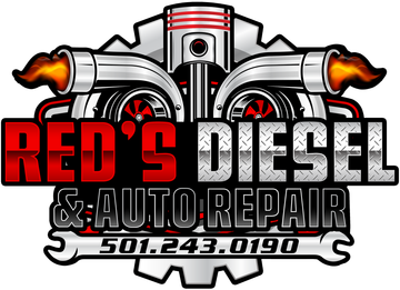 The logo for red 's diesel and auto repair shows a diesel engine with flames coming out of it.