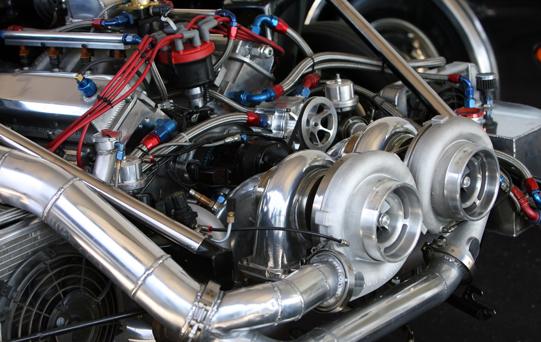 A close up of a turbocharged engine on a motorcycle