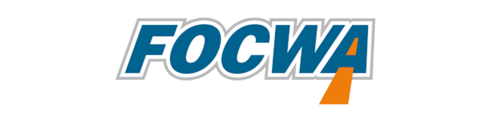 FOCWA logo with blue text, white outline and a orange diagonal line beneath the 