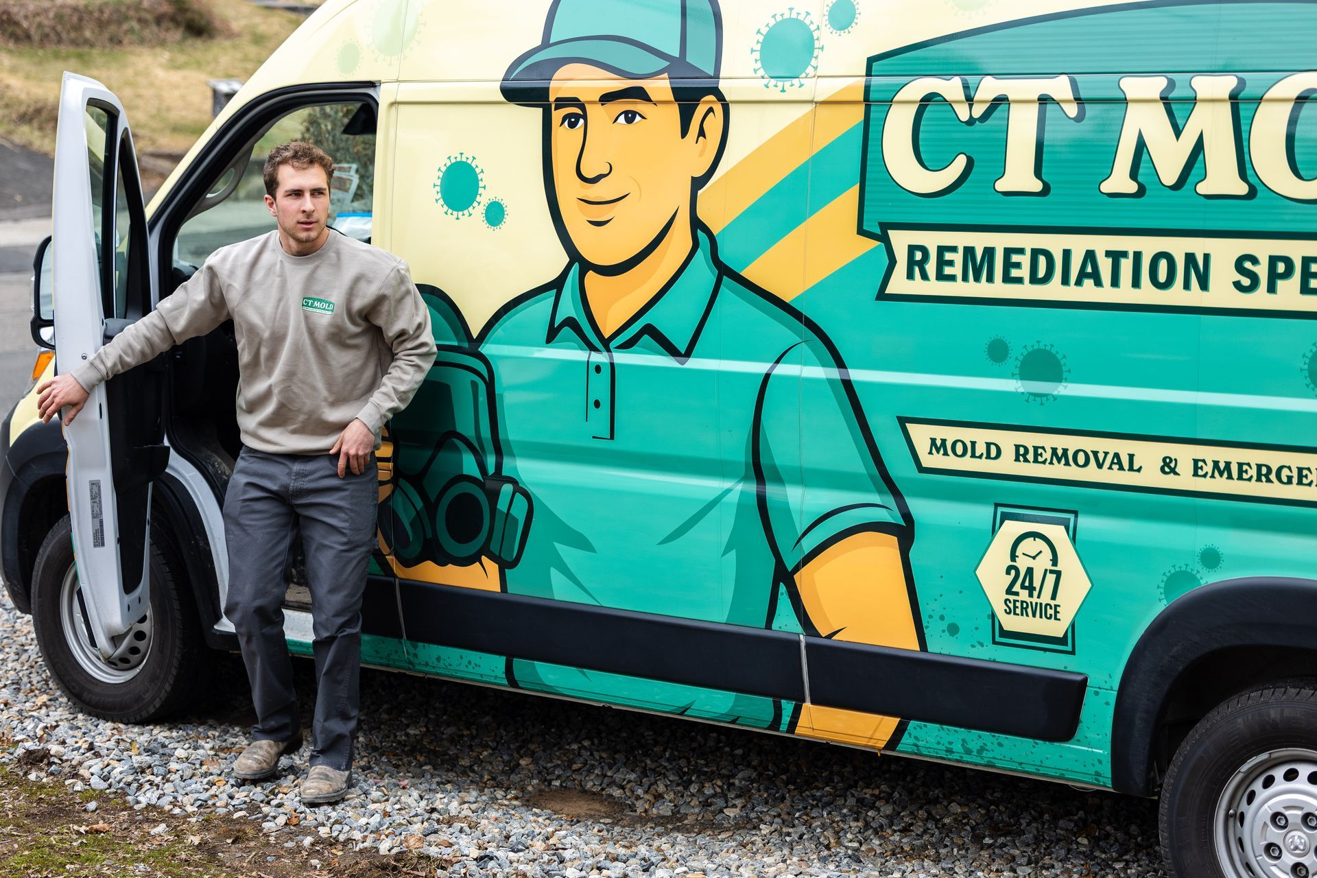 Trey getting out of a CT Mold Remediation Specialists van