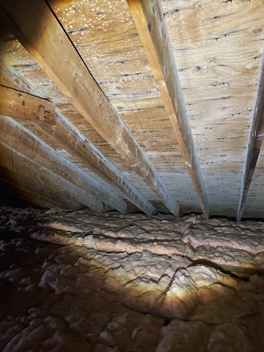 Close-up of a wooden attic roof with insulation and rough debris on the floor.