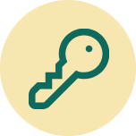 A dark green icon of a key centered on a light yellow circular background.