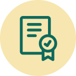 A dark green icon of a document with a checkmark inside a circular seal and ribbon, set against a pale yellow circle.
