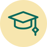 A dark green icon of a graduation cap with a tassel, centered on a circular, light yellow background.