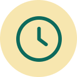 A dark green clock icon centered on a light yellow circular background.