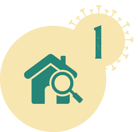 A teal house icon with a magnifying glass, labeled with the number 1, set against a circular, pale yellow background.