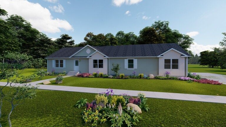Single-story gray house with white trim, front flower beds, lawn, and trees under a partly cloudy sky