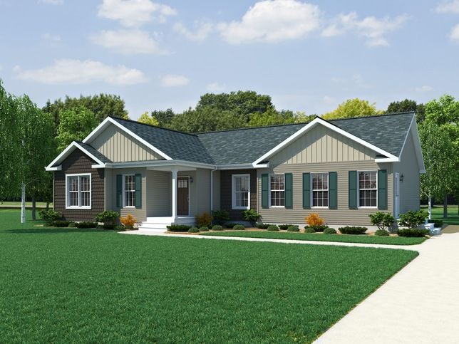 Single-story gray house with white trim, a front porch, and a green lawn under a blue sky