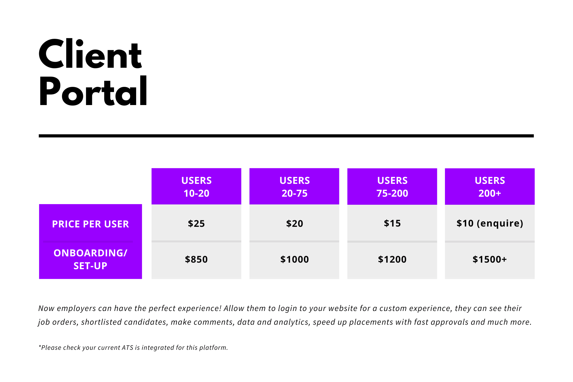 A purple and white table with the words client portal on it.