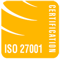 A yellow iso 27001 certification logo on a white background