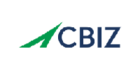 A cbiz logo with a green arrow on a white background.