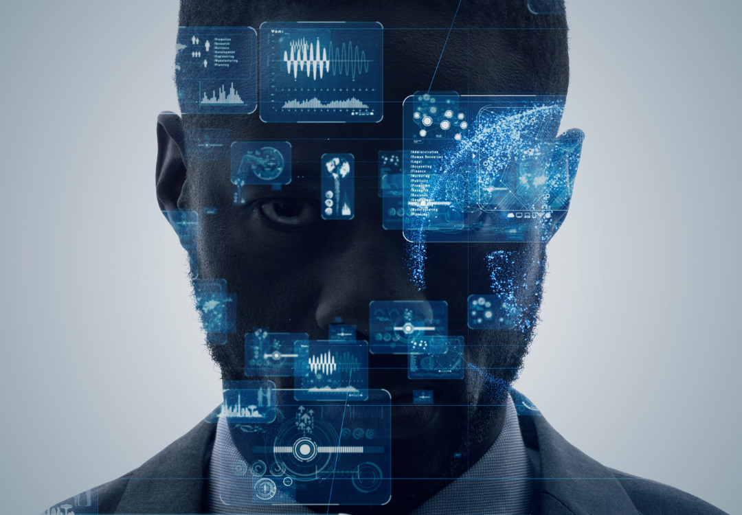 Black man's face overlaid with glowing blue data displays.