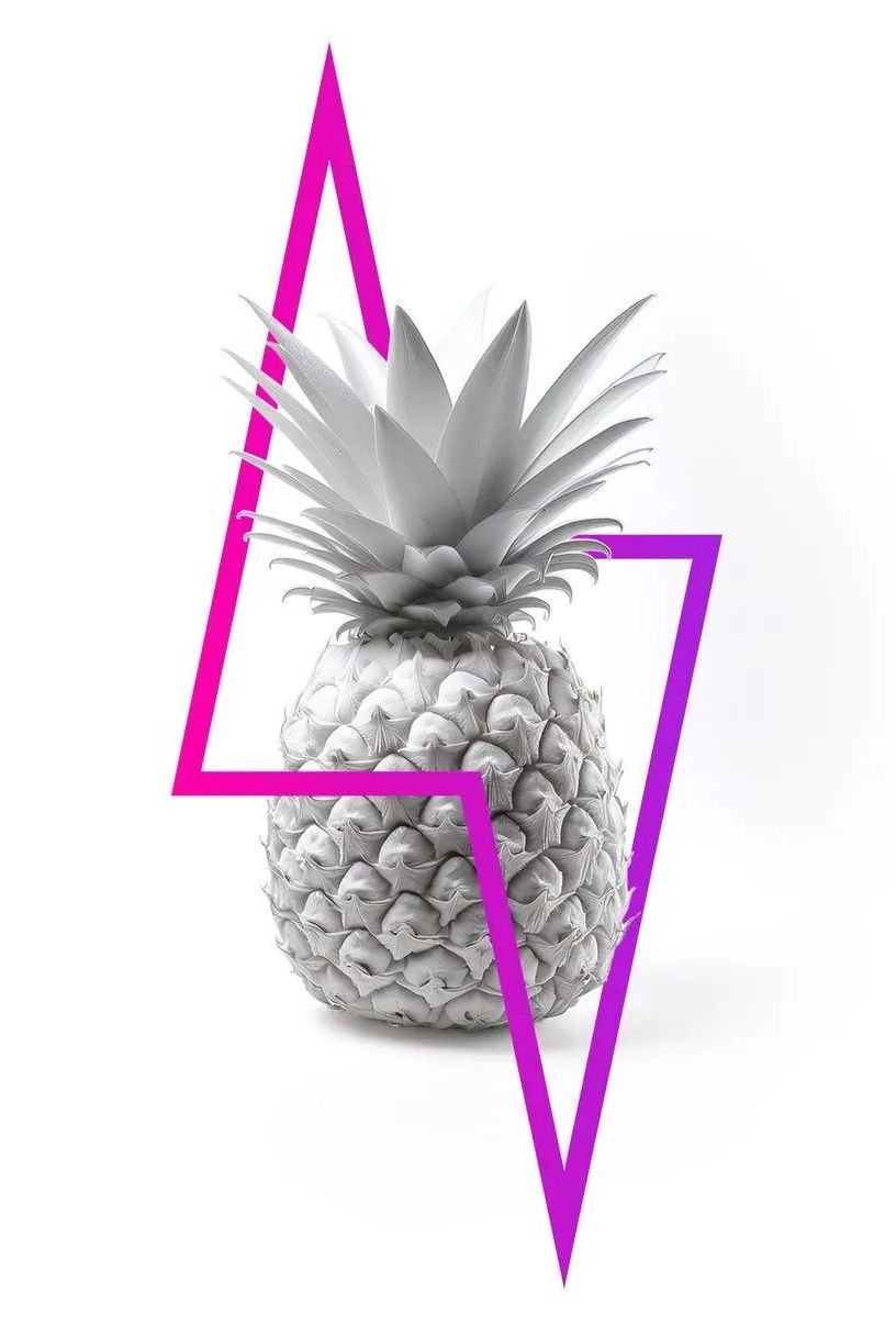 A pineapple is surrounded by pink and purple lines on a white background.
