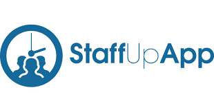 The logo for staffupapp is a blue circle with a clock in the middle.