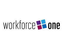 A logo for workforce one with a blue and purple square in the middle.