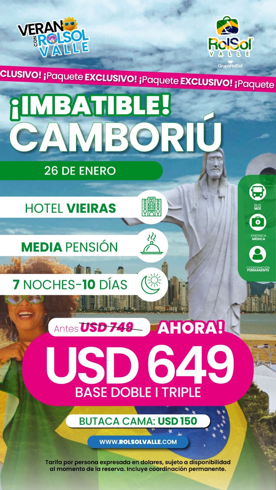Cartel promocional del viaje a Camboriú. Fechas, hotel, precio y servicios en español.