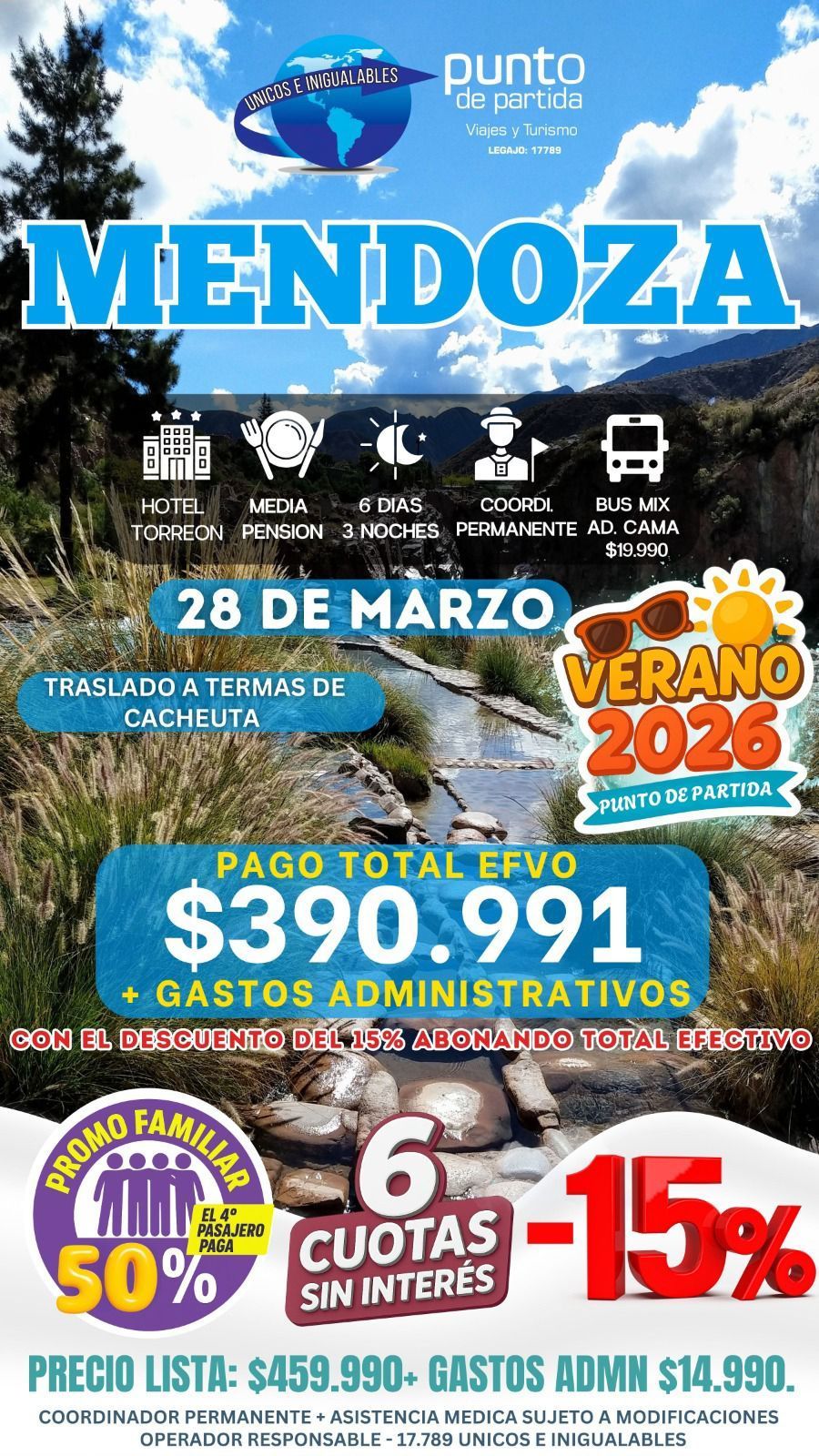Cartel promocional para un viaje a Mendoza el 28 de marzo. Incluye precio, descuentos y promociones