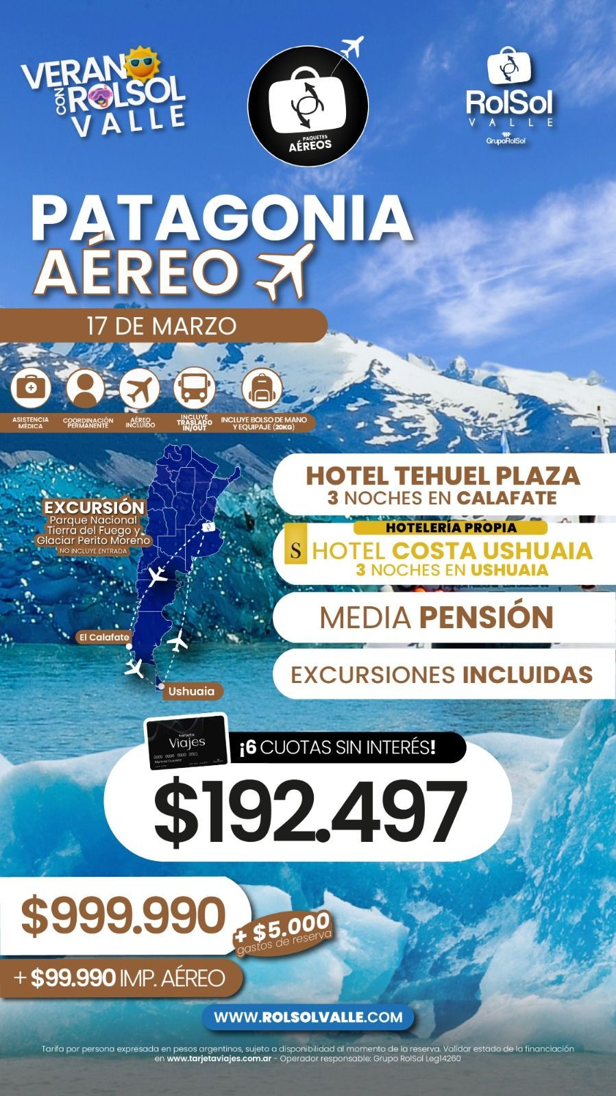 Anuncio de viaje para un recorrido aéreo por la Patagonia, con paisajes de montaña, nombres de hoteles y un precio de $192,497.