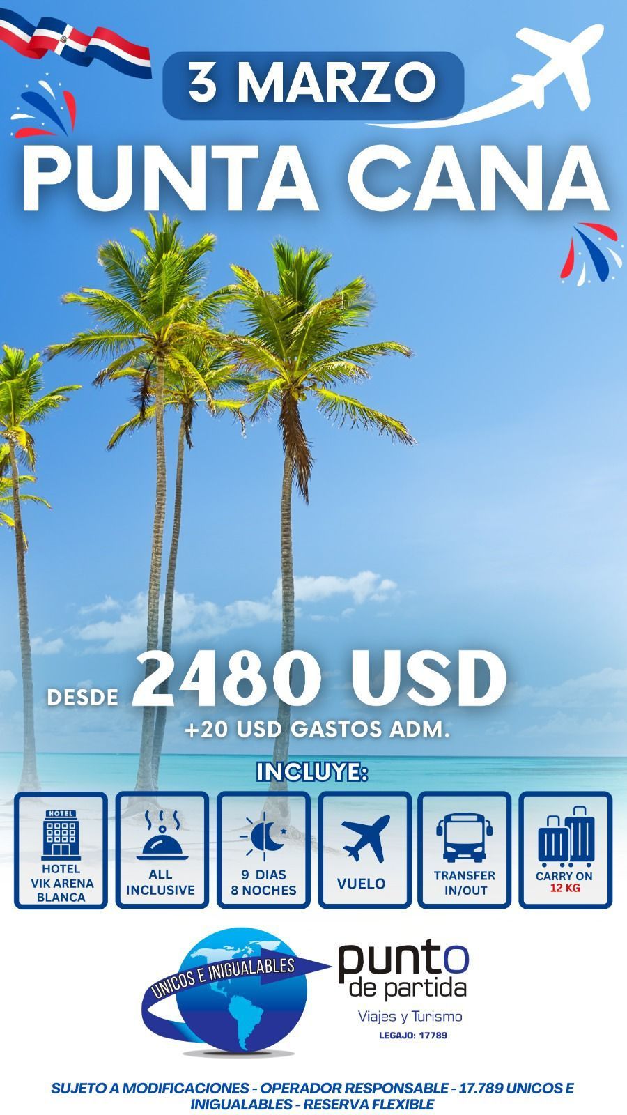 Anuncio de viaje a Punta Cana con palmeras y cielo azul. Texto: