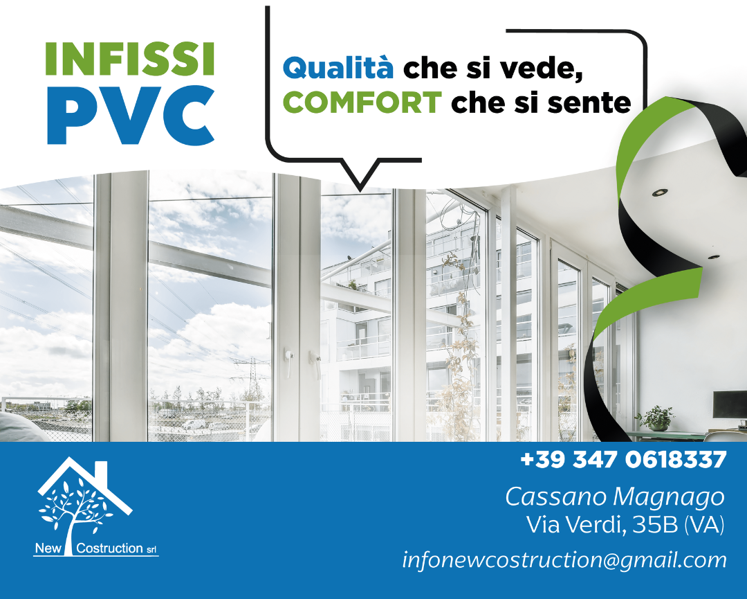 Una pubblicità per infissi pvc mostra un soggiorno con tante finestre