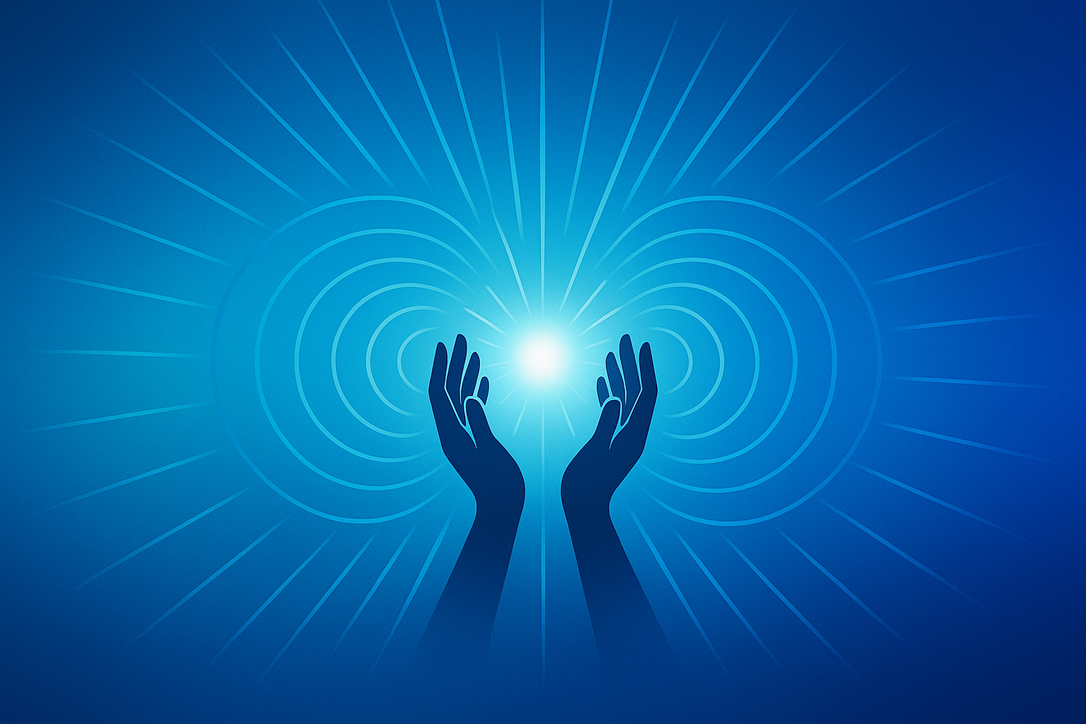 Des mains tendues vers une lumière vive, rayonnant d'énergie, sur fond bleu.