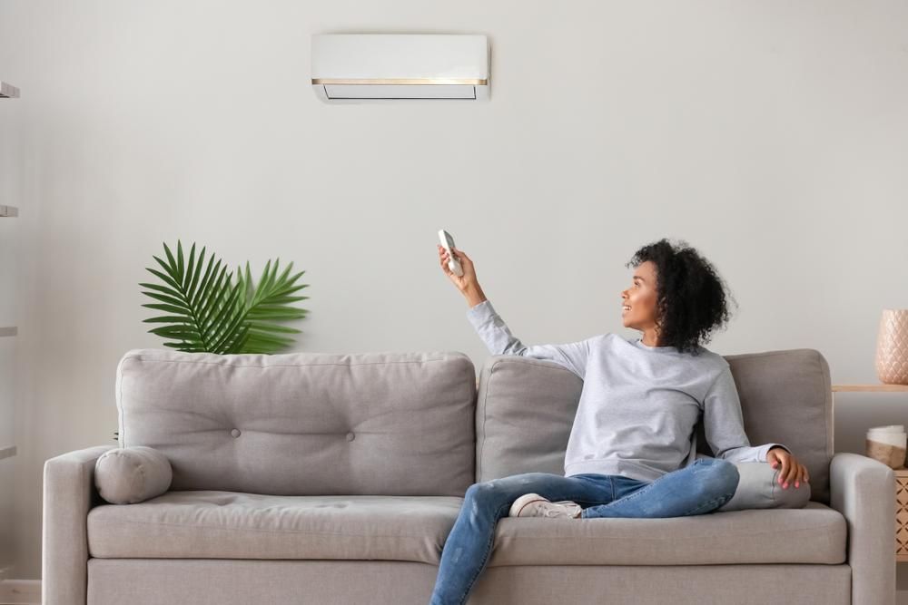Women Turning On Air Conditioner While Sitting On Sofa — North West Heating, Cooling and Refrigeration in Taminda, NSW