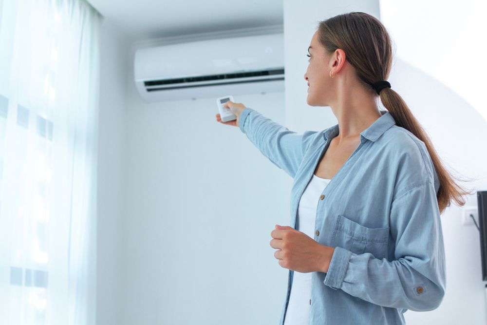 Women Turning On The Air-condition Via Remote — North West Heating, Cooling and Refrigeration in Taminda, NSW