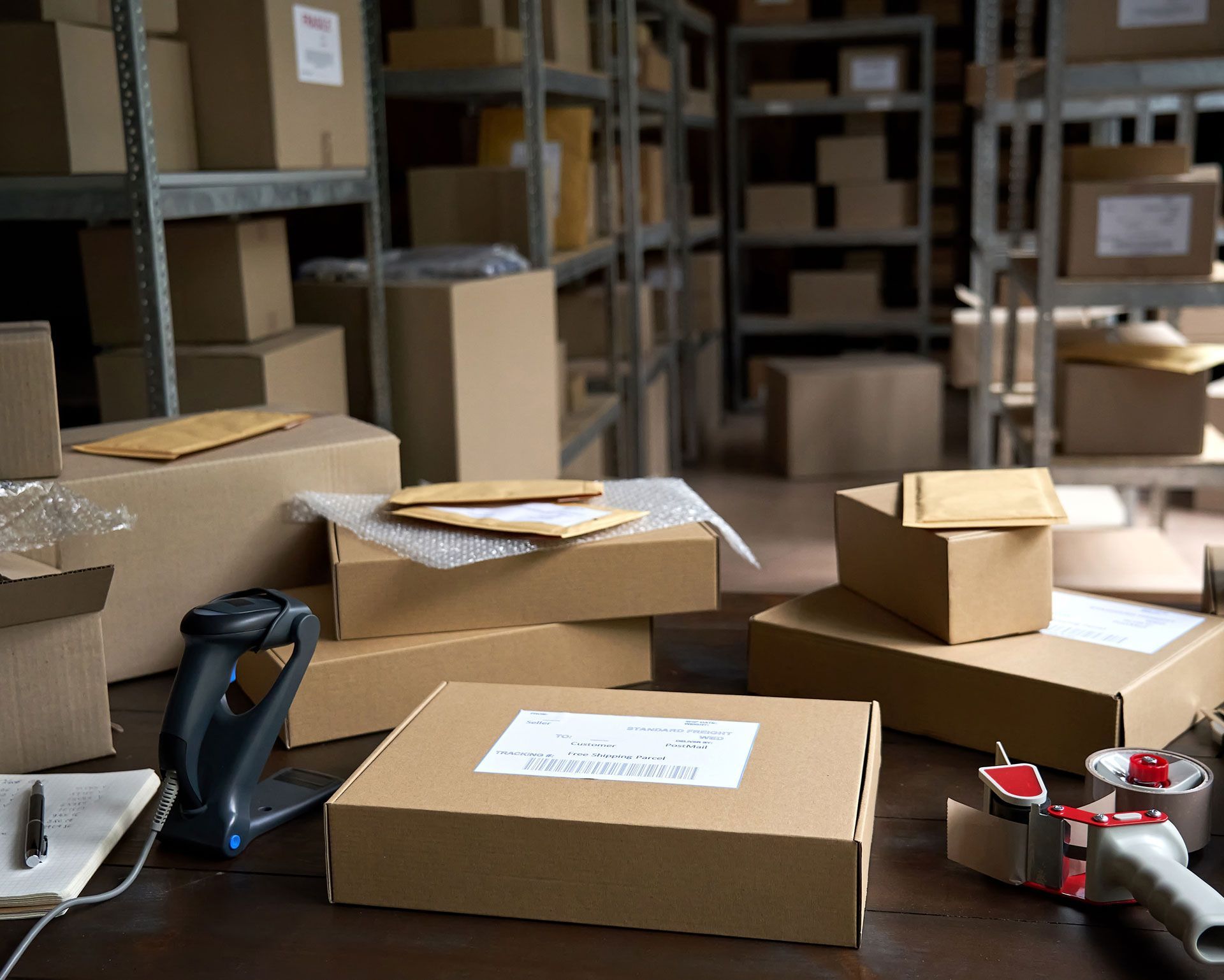 A warehouse filled with lots of cardboard boxes and tape