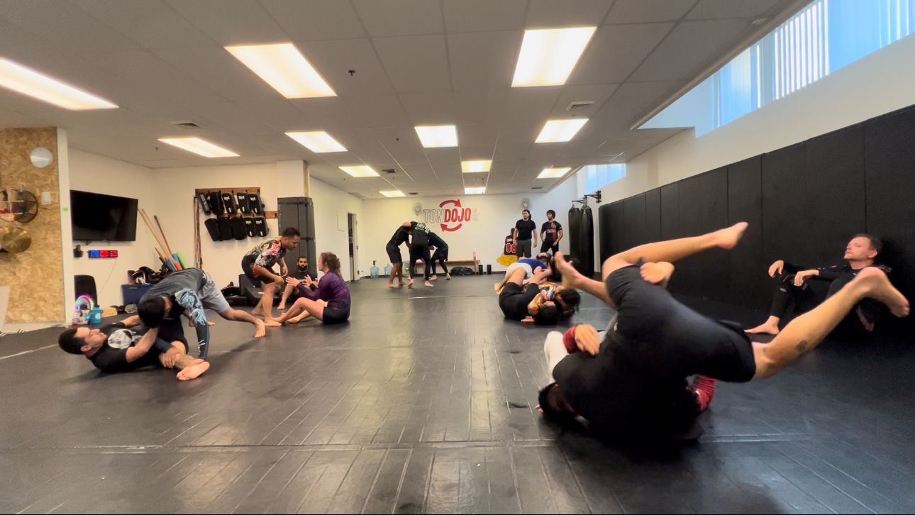 Des participants à un cours d'arts martiaux sur un tapis noir. Les élèves s'entraînent au grappin dans différentes positions.
