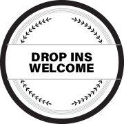 A black and white circle with the words `` drop ins welcome '' on it.