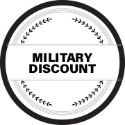 A black and white military discount stamp with laurel wreaths around it.