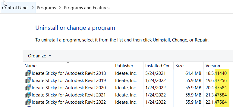 Ideate Sticky - Revit Add-in - screenshot of version numbers