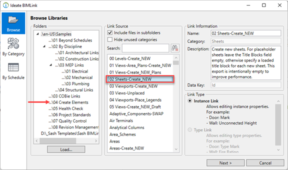 In Ideate BIMLink, start with a pre-configured link called 02 Sheets-Create_New