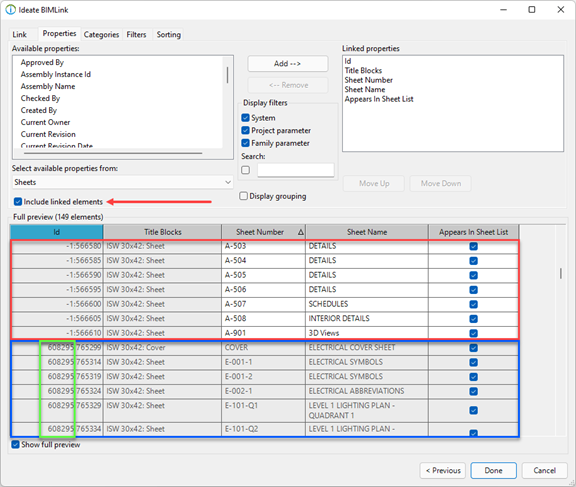 To reveal the sheets from the linked Revit models (the consultant sheets), check the “Include linked elements” option under the Properties tab.