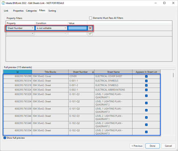 Before exporting this data to Excel, if you are interested in exporting only the linked model sheets (highlighted in blue), then return to the Filters tab and set the values to be Sheet Number is not editable.
