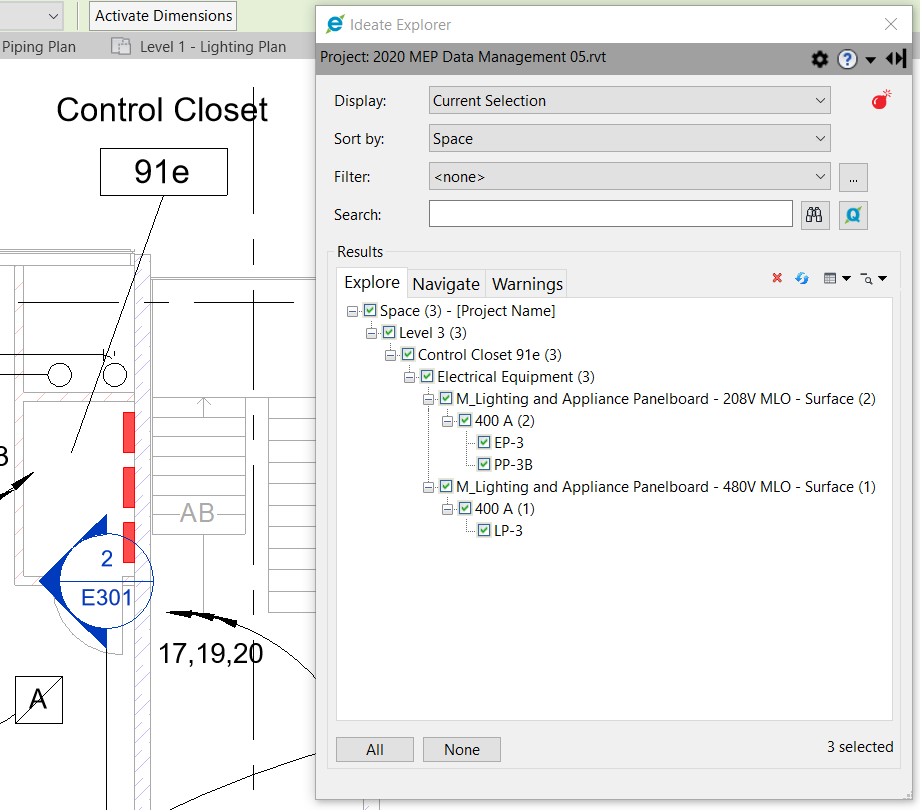 Ideate Explorer helps easily locate Electrical Equipment within the Revit model, and it can sort by many options such as Space.